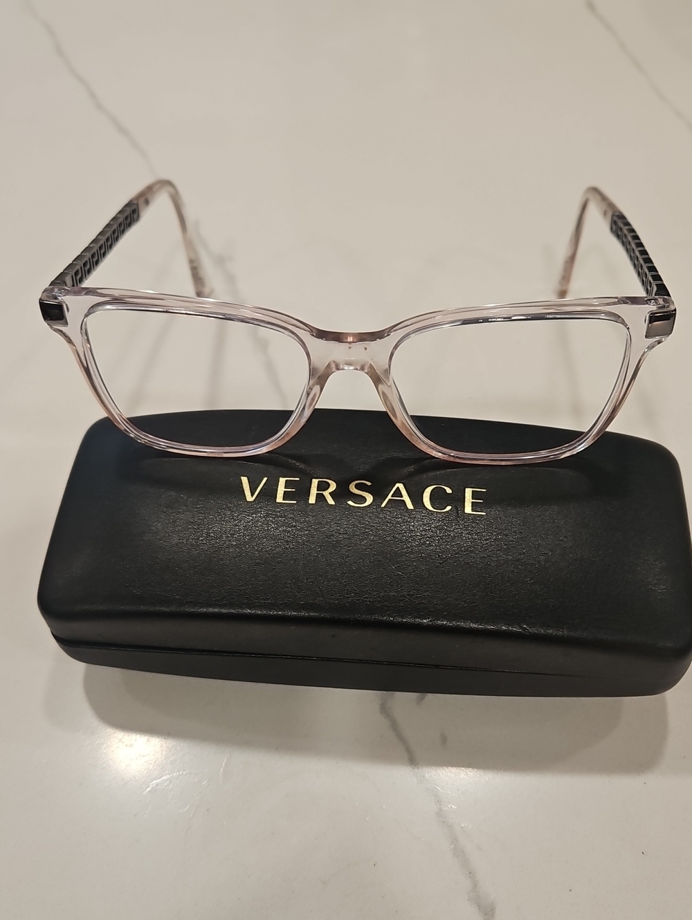 Versace Women's Translucent Light Pink Square Glasses.